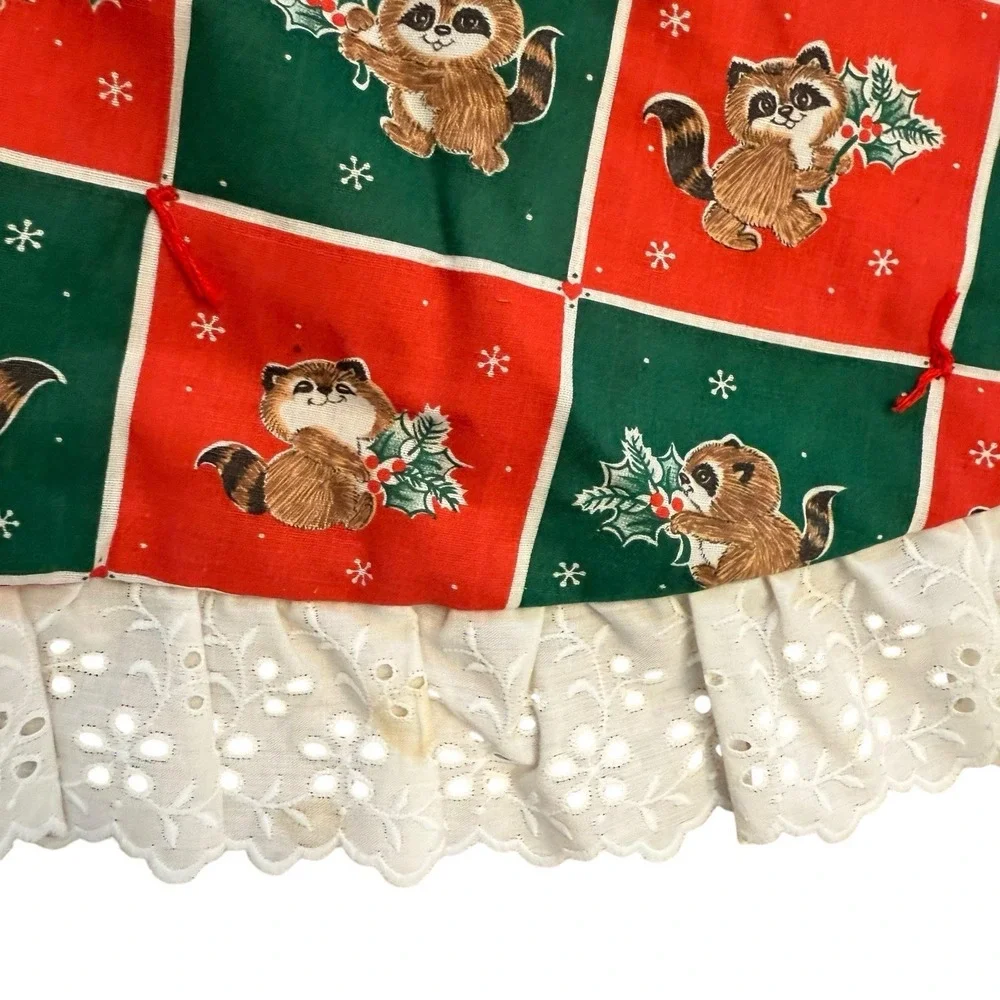 Vintage Christmas Tree Skirt Quilted Round Ruffle Reversible Country Patchwork